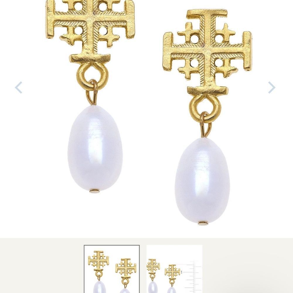 Susan Shaw Jerusalem Gold and Pearl Cross Drop Earrings